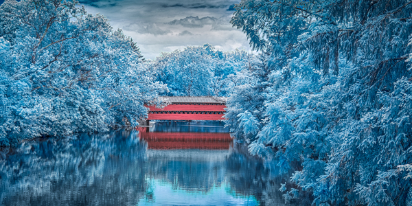 Sachs Bridge: Reflective Tranquility in Infrared Print