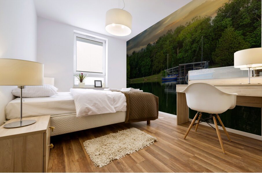 Blue Boat Sunset Mural print