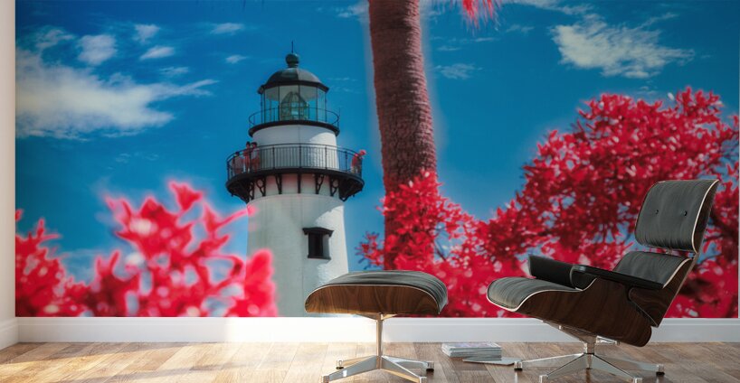 Whispers of Light: Crimson Lighthouse Wall Murals