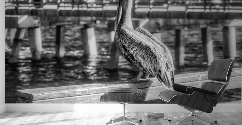 Oceans Guardian: Black and White Infrared Capture of Pelican on Saint Simons Island Pier Wall Murals