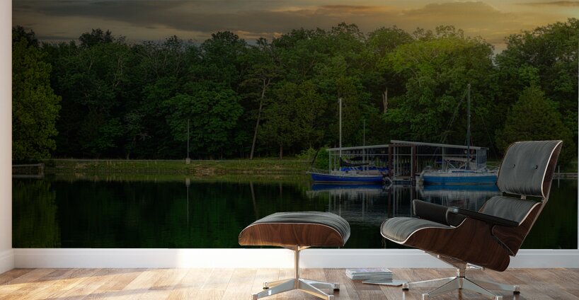 Blue Boat Sunset Wall Murals