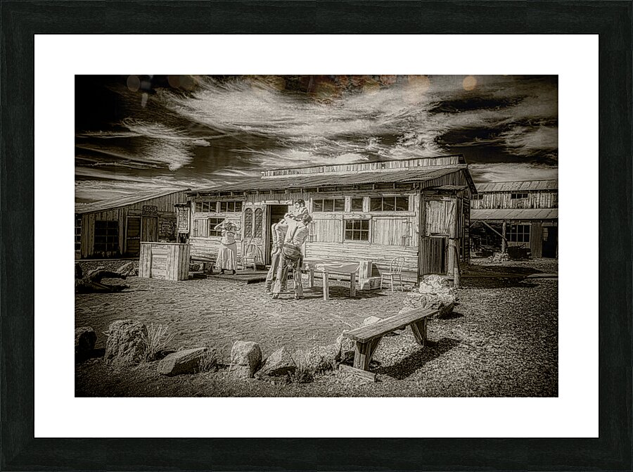 Frontier Clash on a Weathered Porch Picture Frame print