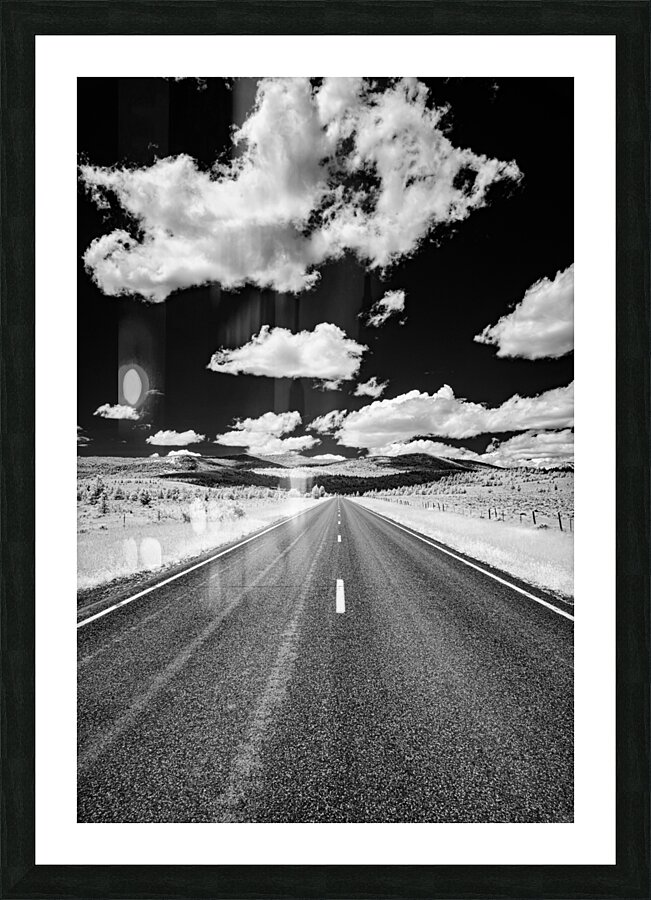 Rural Majesty Unveiled: Montanas Highway Horizon in Black and White Infrared Splendor Picture Frame print