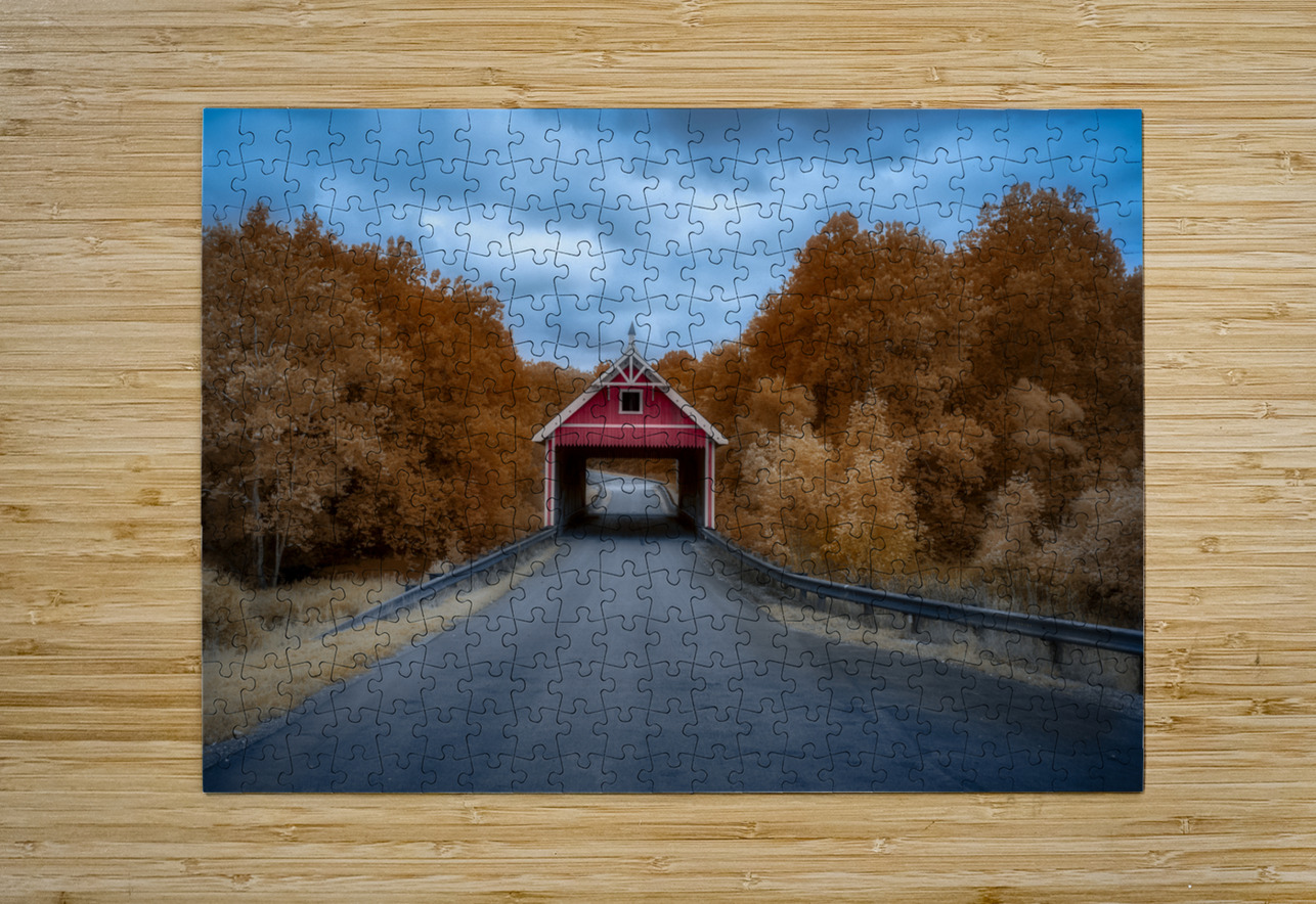 Infrared Serenity: The Red Bridge Dream World Images Puzzle printing