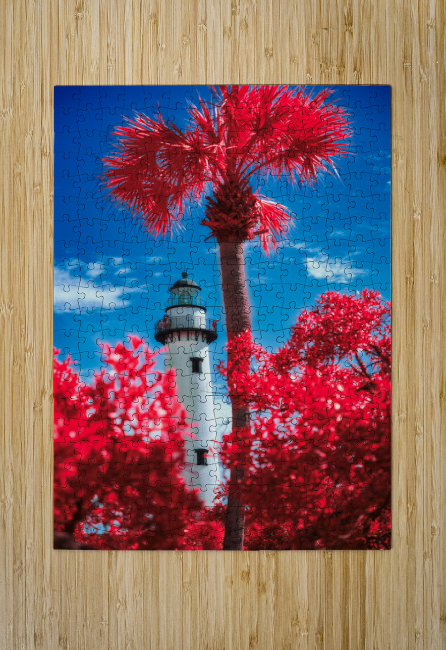 Whispers of Light: Crimson Lighthouse Dream World Images Puzzle printing