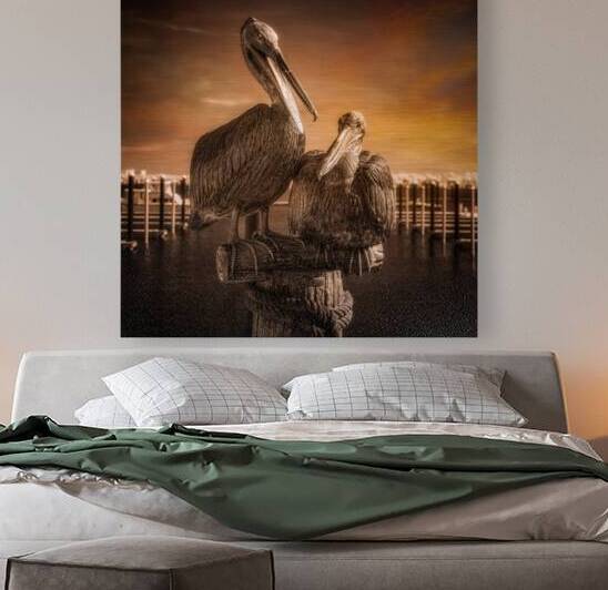 Coastal Serenity: Sunset Silhouette of A Pelican Wood Carving by Dream World Images