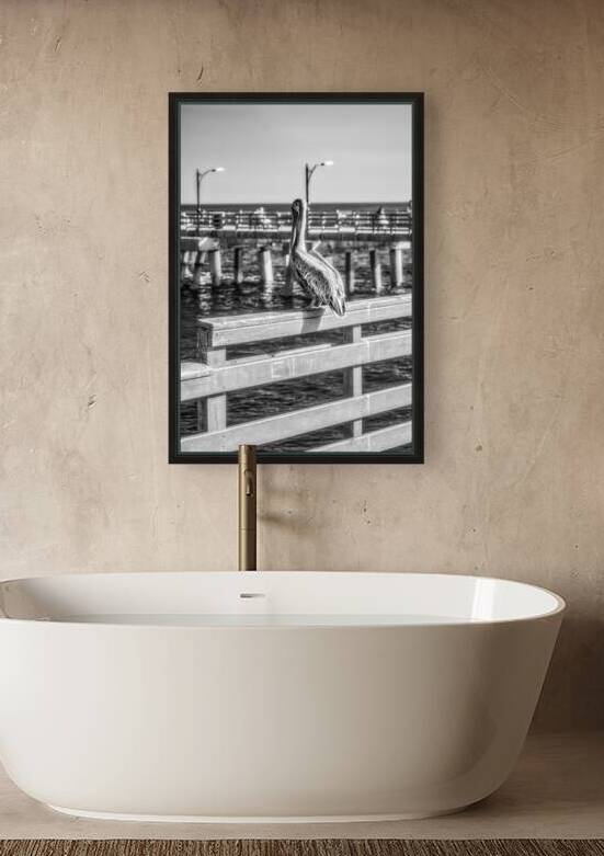 Oceans Guardian: Black and White Infrared Capture of Pelican on Saint Simons Island Pier by Dream World Images