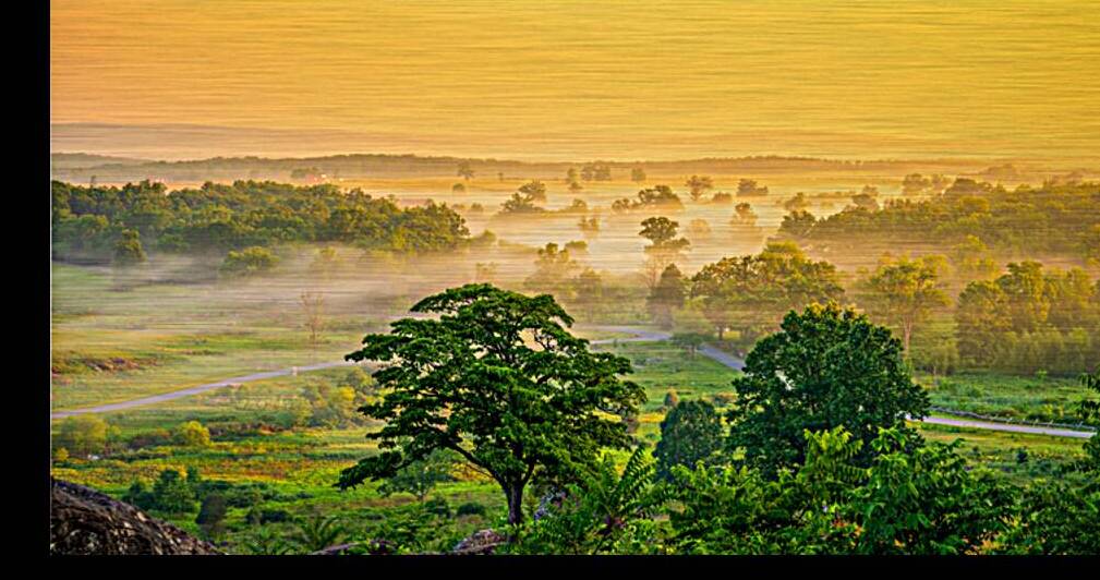 Dawns Embrace: Little Round Top Foggy Morning in Gettysburg PA by Dream World Images