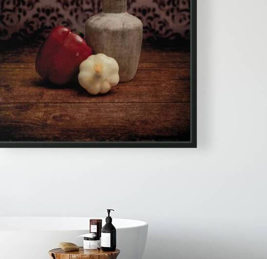 Farmhouse Spice: Weathered Wooden Jar with Red Pepper and Garlic by Dream World Images